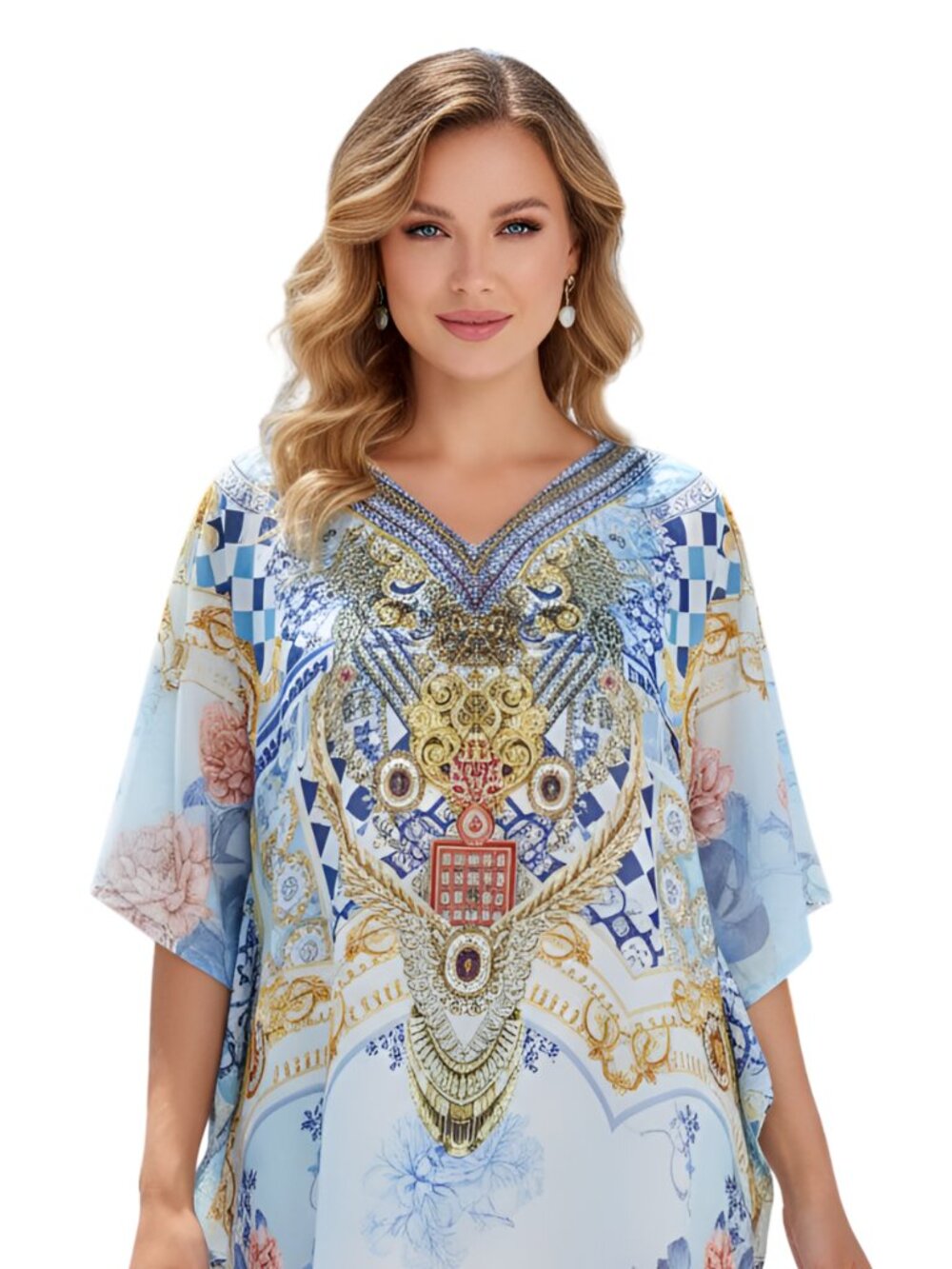 Women’s Plus Size Light Blue Ornate Print Satin Silk Tunic 1X-3X Dress for Woman - Picture 3 of 5